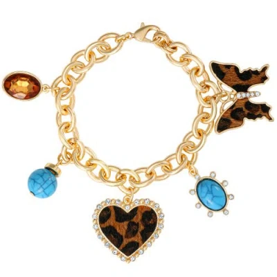 Jessica Simpson Crystal And Cheetah-print Butterfly And Heart Charm Bracelet For Women 7.5", Gold-to In Multi
