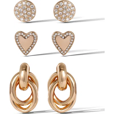 Jessica Simpson Crystal & Heart Stud Earring Set In Gold