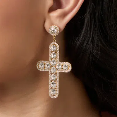 Jessica Simpson Crystal Cross Drop Earrings In Gold