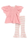 Jessica Simpson Embroidered Smocked Top & Flared Leggings Set In Pink
