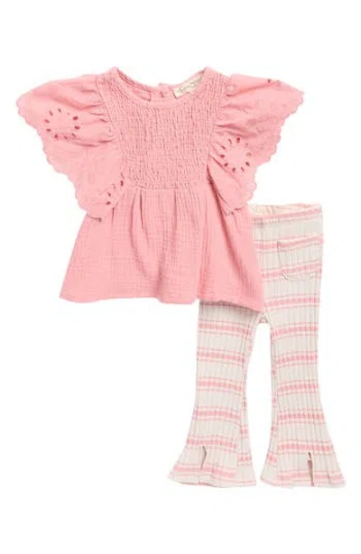 Jessica Simpson Babies'  Embroidered Smocked Top & Flared Leggings Set In Pink