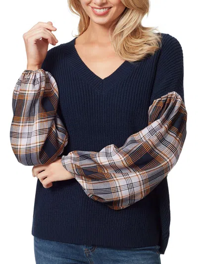 Jessica Simpson Emmeline Womens Plaid V-neck Pullover Sweater In Blue