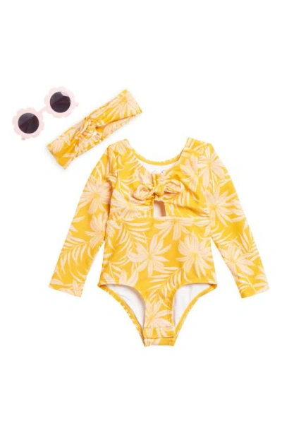 Jessica Simpson Babies' Floral Rashguard, Headband & Sunglasses Set In Yellow
