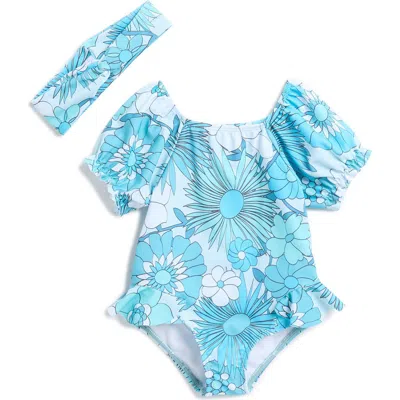 Jessica Simpson Babies'  Floral Short Sleeve Rashguard Swimsuit & Headband Set In Teal
