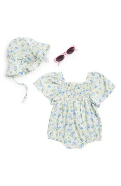 Jessica Simpson Babies'  Flutter Sleeve Romper, Floppy Hat & Sunglasses Set In Blue
