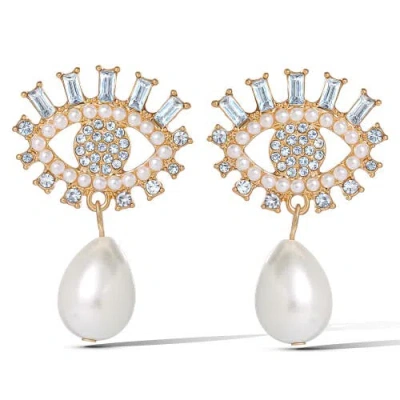 Jessica Simpson Gold-tone Evil Eye Pearl Drop Earrings In Brown