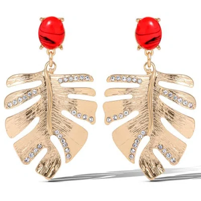 Jessica Simpson Gold-tone Tropical Leaf Drop Earrings With Red Accents, Statement Earrings With Crys