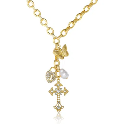 Jessica Simpson Gold-tone Charm Link Necklace With Cross, Heart & Pearl Accents