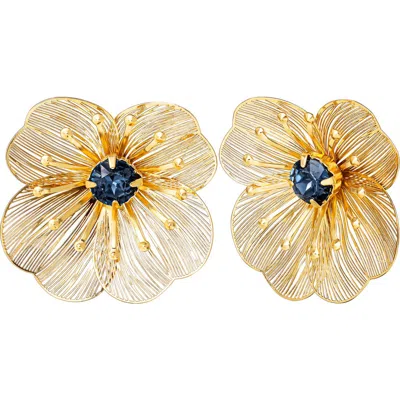 Jessica Simpson Gold-tone Filigree Flower Stud Earrings With Blue Crystal Center