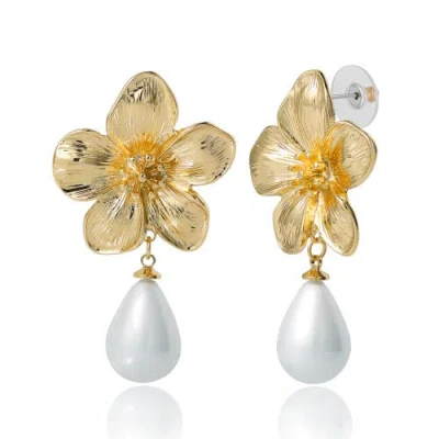 Jessica Simpson Gold-tone Flower Earrings With Dangling Faux Pearl, Drop Earrings For Women