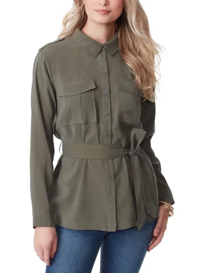 Jessica Simpson Jessa Womens Belted Collar Button-down Top In Green