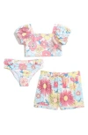 Jessica Simpson Kids' Floral 2-piece Swimsuit & Cover-up Shorts Set In Pink Multi
