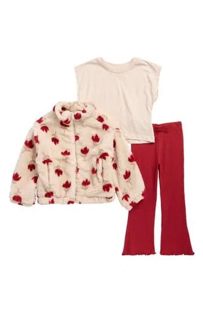 Jessica Simpson Kids' Floral Faux Shearling Jacket, Top & Flare Leggings Set In Neutral
