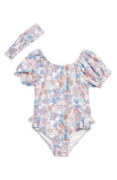 Jessica Simpson Kids' Puff Sleeve One-piece Swimsuit & Headband In Floral