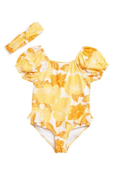 Jessica Simpson Kids' Puff Sleeve One-piece Swimsuit & Headband In Yellow