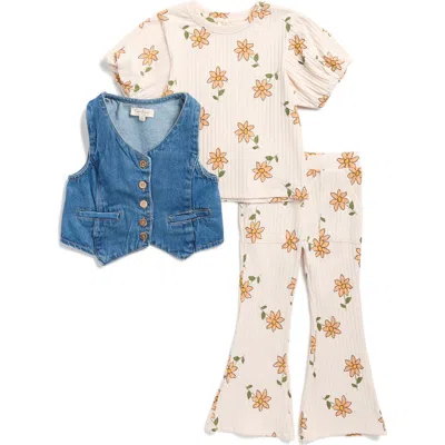 Jessica Simpson Kids' Rib Top, Flared Leggings & Denim Vest Set In Multi