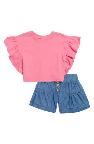 Jessica Simpson Kids' Ruffle Top Tee & Gathered Chambray Shorts In Pink