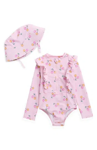 Jessica Simpson Kids' Ruffled Long Sleeve One-piece Rashguard Swimsuit & Hat Set In Pink