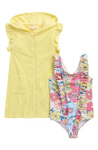 Jessica Simpson Kids' Terry Cover-up Dress & One-piece Swimsuit Set In Yellow Multi