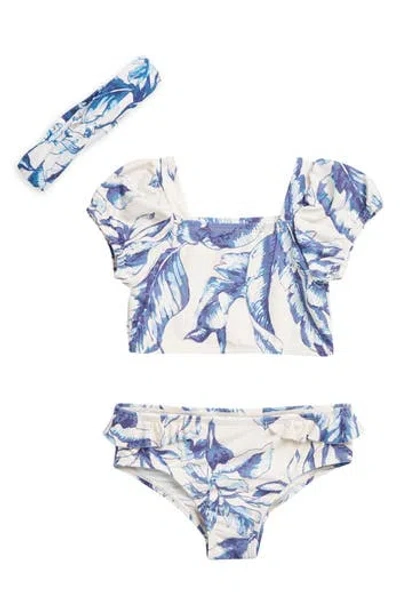 Jessica Simpson Kids' Tropical Two-piece Bikini & Headband Set In Blue