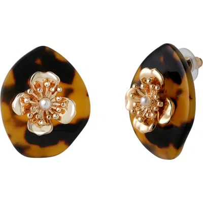 Jessica Simpson Leopard Acrylic Flower Stud Earrings, Gold-tone Flower Earrings For Women In Brown