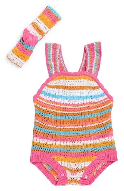 Jessica Simpson Babies'  Open Stitch Romper & Headband Set In Multi