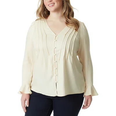 Jessica Simpson Plus Cecily Womens Pintuck Viscose Button-down Top In Beige