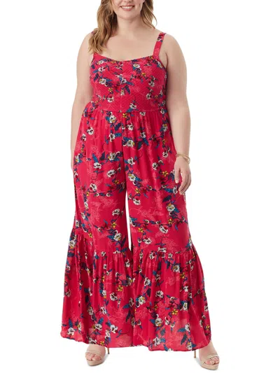 Jessica Simpson Plus Womens Smocked Viscose Jumpsuit In Red