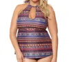 Jessica Simpson Queen Plus Size High Neck Keyhole Tankini Top In Cherokee In Multi