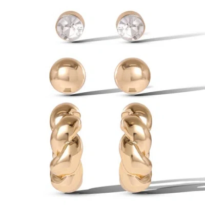 Jessica Simpson Rhinestone Hoop & Stud Earring Set Of 3 In Gold