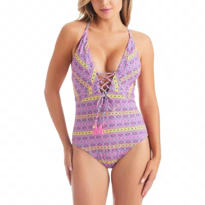 Jessica Simpson Shine Bright Lace Front One Piece Swimsuit In Tulip Multi