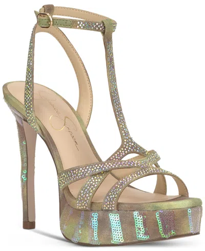 Jessica Simpson Sippete Platform T-strap Dress Sandals In Peridot Tan Zebra Sequin