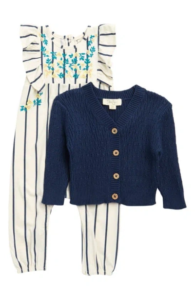 Jessica Simpson Babies' Stripe Jumpsuit & Knit Cardigan Set In Navy
