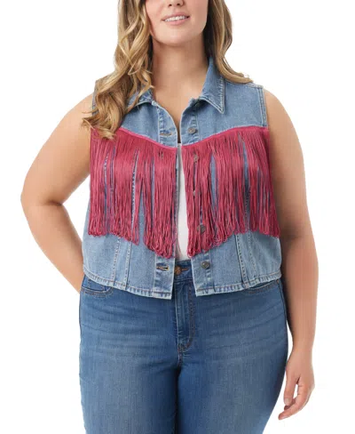 Jessica Simpson Trendy Plus Size Cropped Fringe Denim Vest In Tell Me