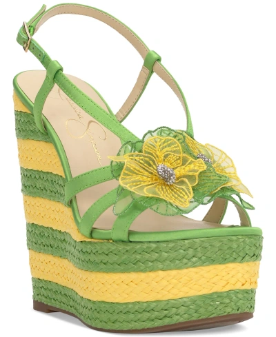 Jessica Simpson Visela Flower Detail Espadrille Wedge Platform Sandals In Bright Green Satin