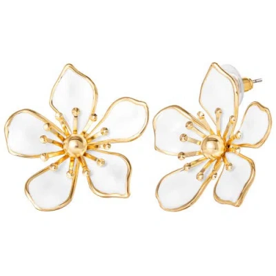 Jessica Simpson White Enamel Flower Earrings For Women, Gold-tone Flower Stud Earrings