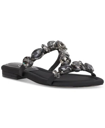 Jessica Simpson Women's Avimma Embellished Flat Sandals In Black Satin