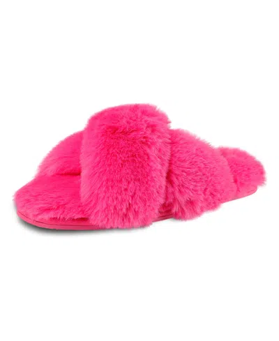 Jessica Simpson Women's Extra Soft High Plush Cross Band Slide Slippers In Neon Pink
