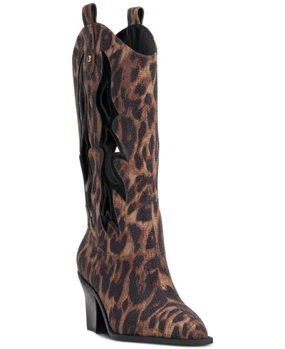 Jessica Simpson Women's Ginika Rhinestone Chop-out Knee-high Cowboy Boots In Natural Leopard Rhinestone