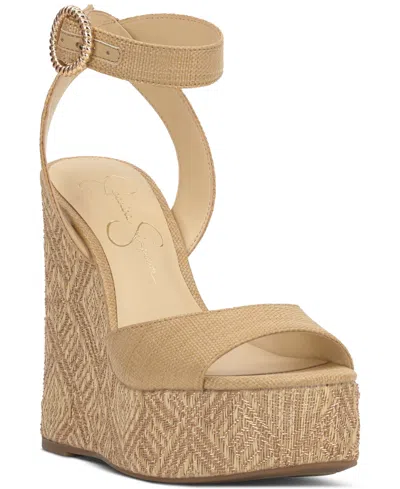 Jessica Simpson Women's Kamindi Ankle-strap Platform Wedge Sandals In Natural Raffia Multi