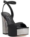 Jessica Simpson Womens Block Heel Man Made Ankle Strap In Black Satin,silver Disco