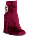 Jessica Simpson Women's Luminna Embellished Buckle Block-heel Booties In Oxblood Crushed Velvet