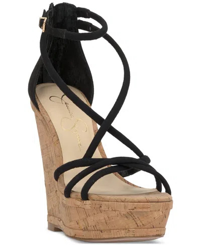 Jessica Simpson Women's Olype Strappy Wedge Sandals In Black Faux Suede
