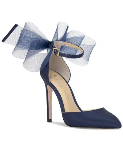 Jessica Simpson Women's Phindies Bow Ankle-strap Pumps In Navy Baby Satin
