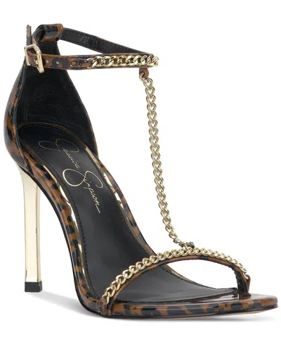 Jessica Simpson Women's Qiven T-strap Chain Heeled Dress Sandals In Natural Safari Leopard