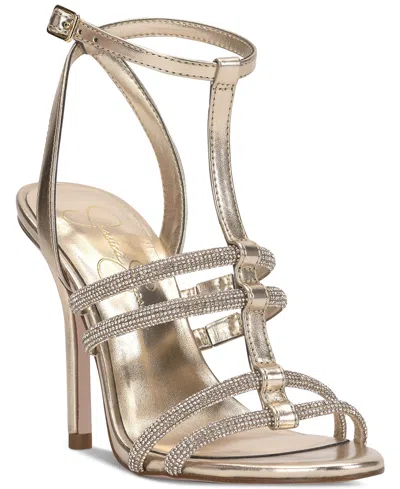 Jessica Simpson Women's Tiannah Rhinestone Stiletto Dress Sandals In Champagne Metallic