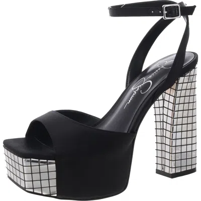 Jessica Simpson Womens Block Heel Man Made Ankle Strap In Black Satin,silver Disco