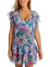 Jessica Simpson Women's Printed Crazy Daisy Tiered Flutter-sleeve Tie-neck Swim Cover-up In Multi