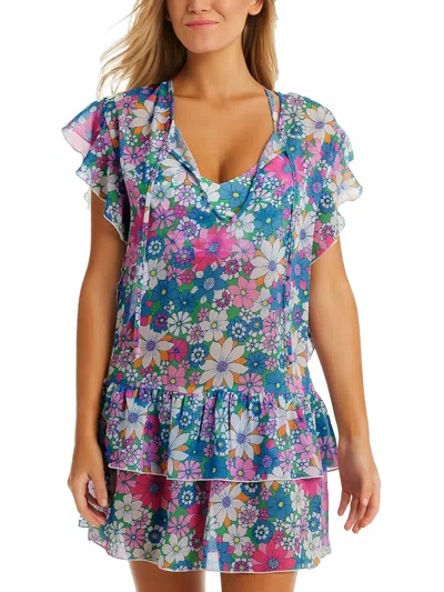 Jessica Simpson Women's Printed Crazy Daisy Tiered Flutter-sleeve Tie-neck Swim Cover-up In Multi