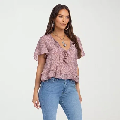 Jessica Simpson Womens Keyhole Neck Short Sleeve Ruffled Blouse In Purple